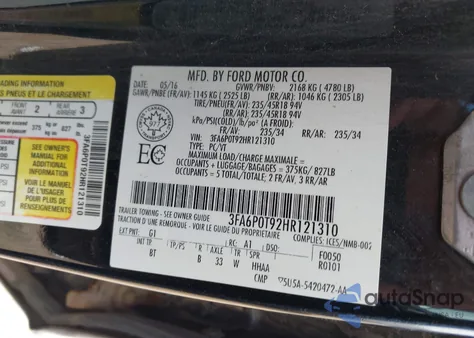 2017 Ford Fusion Se из США, поврежденный, VIN 3FA6P0T92HR121310